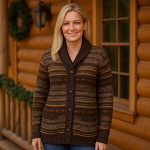 Shetland Wool 100% Wool Knit Argyle Holiday Cardigan Cabincore Cozy Unisex S